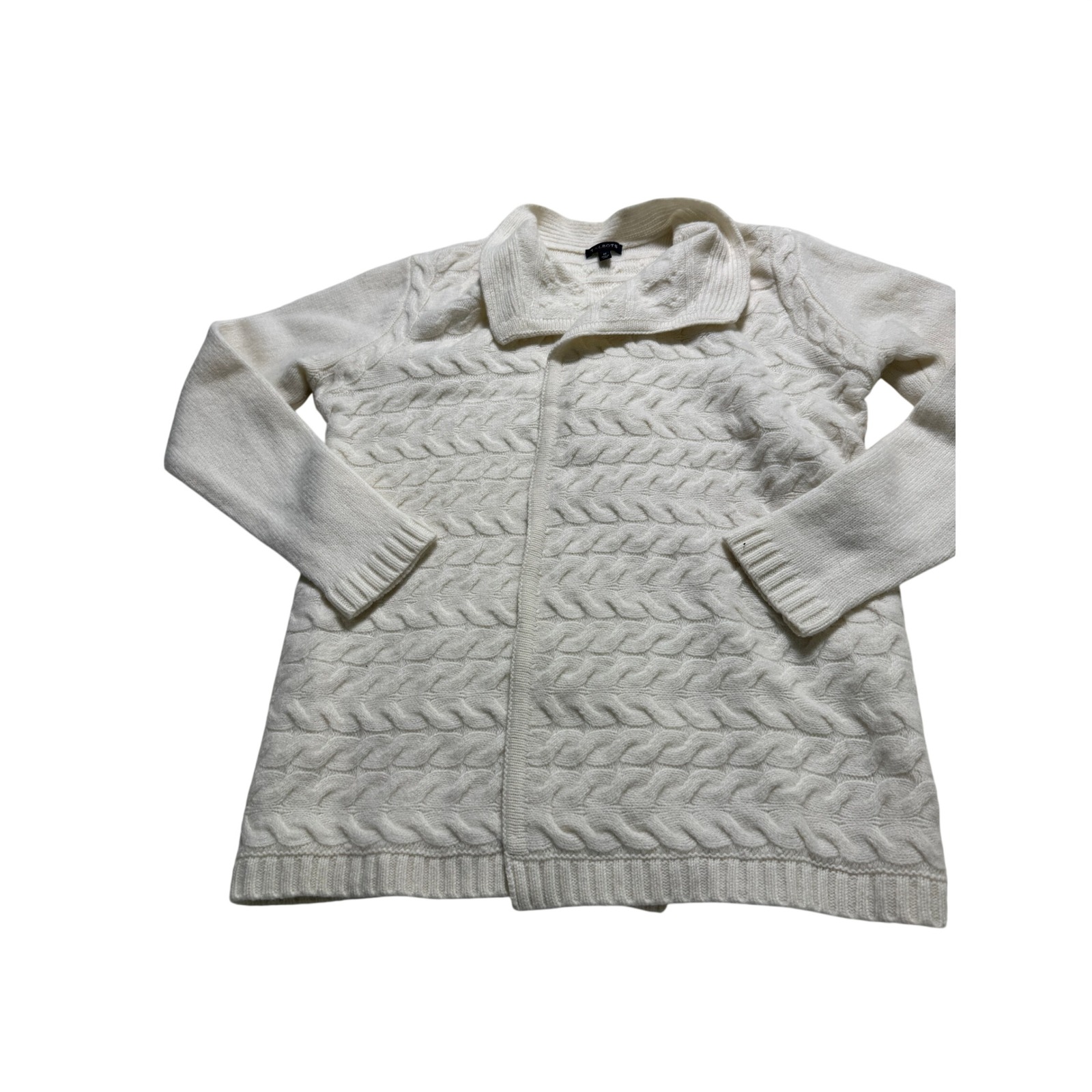 Talbots Cardigan Wms M Cream Merino Wool Cashmere Cable Knit Open Front Sweater